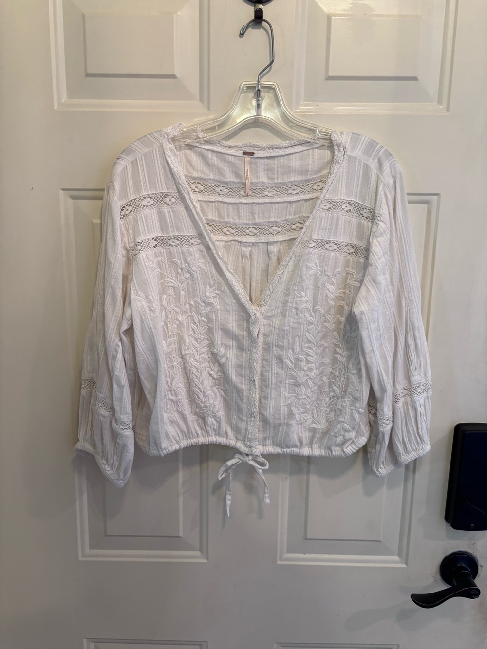 Free People White Embroidered V-Neck Peasant Blouse - Picture 2 of 4